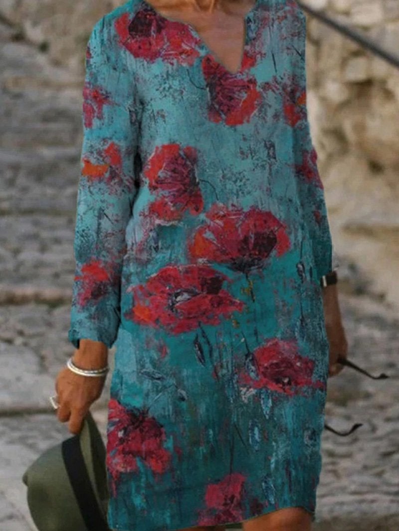 Women's Dresses V-Neck Floral Print Casual Long Sleeve Dress - Midi Dresses - INS | Online Fashion Free Shipping Clothing, Dresses, Tops, Shoes - 10/09/2021 - 20-30 - Category_Midi Dresses