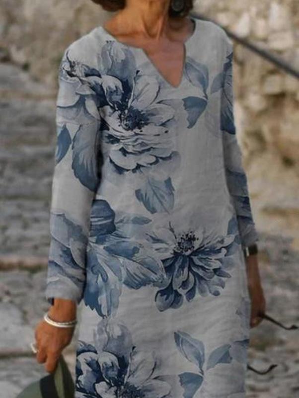 Women's Dresses V-Neck Floral Print Casual Long Sleeve Dress - Midi Dresses - INS | Online Fashion Free Shipping Clothing, Dresses, Tops, Shoes - 10/09/2021 - 20-30 - Category_Midi Dresses