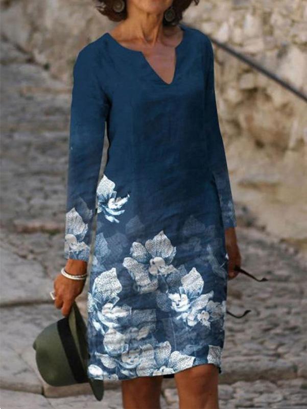 Women's Dresses V-Neck Floral Print Casual Long Sleeve Dress - Midi Dresses - INS | Online Fashion Free Shipping Clothing, Dresses, Tops, Shoes - 10/09/2021 - 20-30 - Category_Midi Dresses