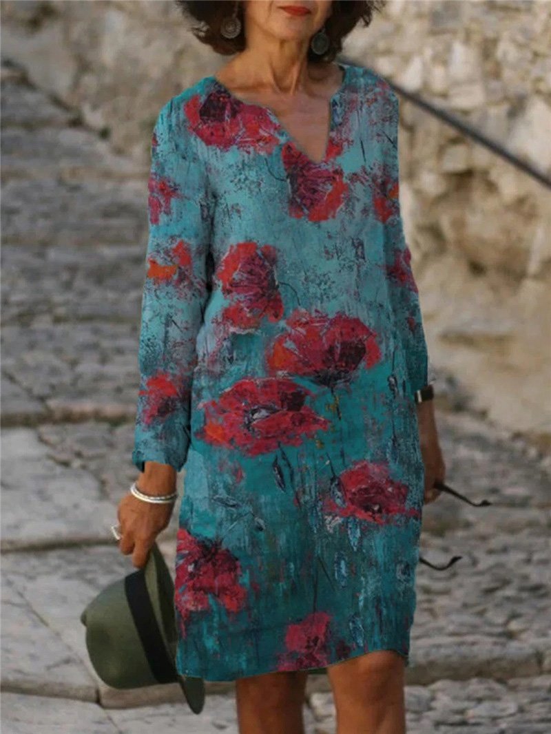 Women's Dresses V-Neck Floral Print Casual Long Sleeve Dress - Midi Dresses - INS | Online Fashion Free Shipping Clothing, Dresses, Tops, Shoes - 10/09/2021 - 20-30 - Category_Midi Dresses