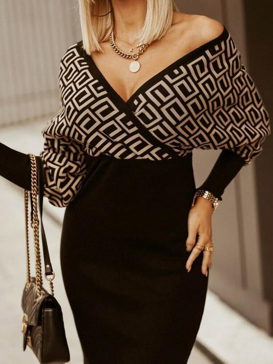 Women's Dresses V-Neck Geometric Print Long Sleeve Skinny Dress - Midi Dresses - Instastyled | Online Fashion Free Shipping Clothing, Dresses, Tops, Shoes - 03/12/2021 - 30-40 - color-black