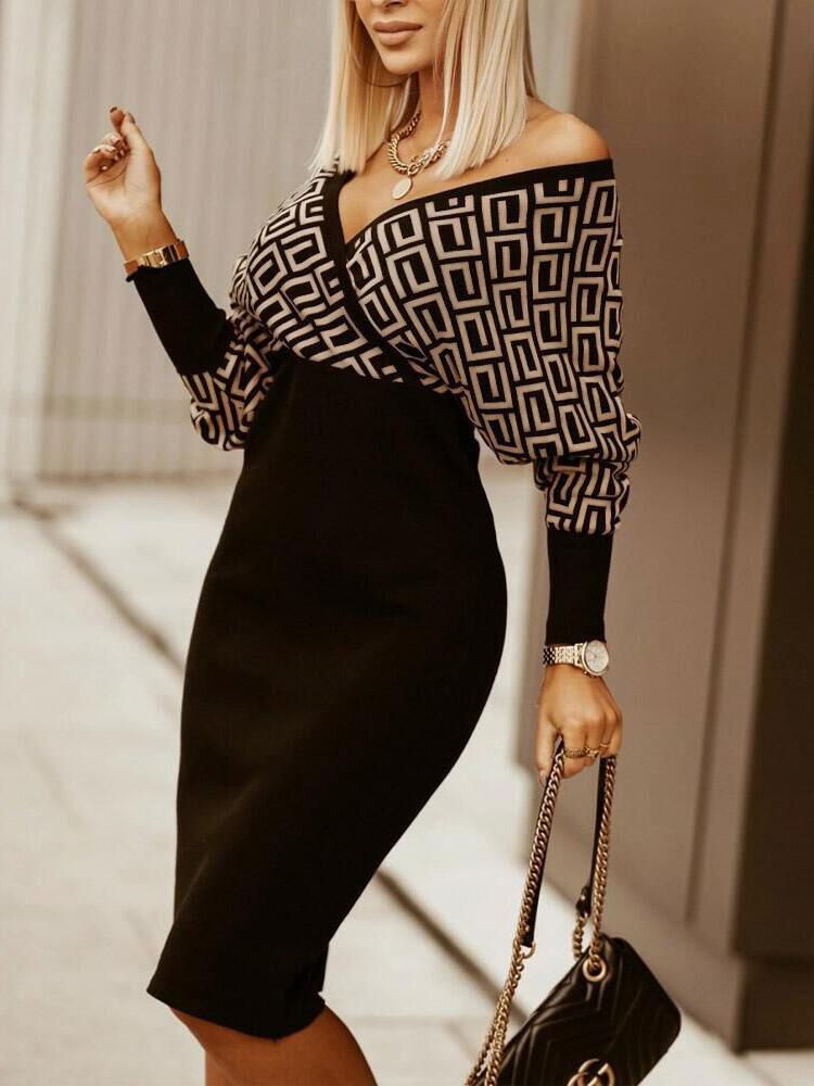 Women's Dresses V-Neck Geometric Print Long Sleeve Skinny Dress - Midi Dresses - Instastyled | Online Fashion Free Shipping Clothing, Dresses, Tops, Shoes - 03/12/2021 - 30-40 - color-black