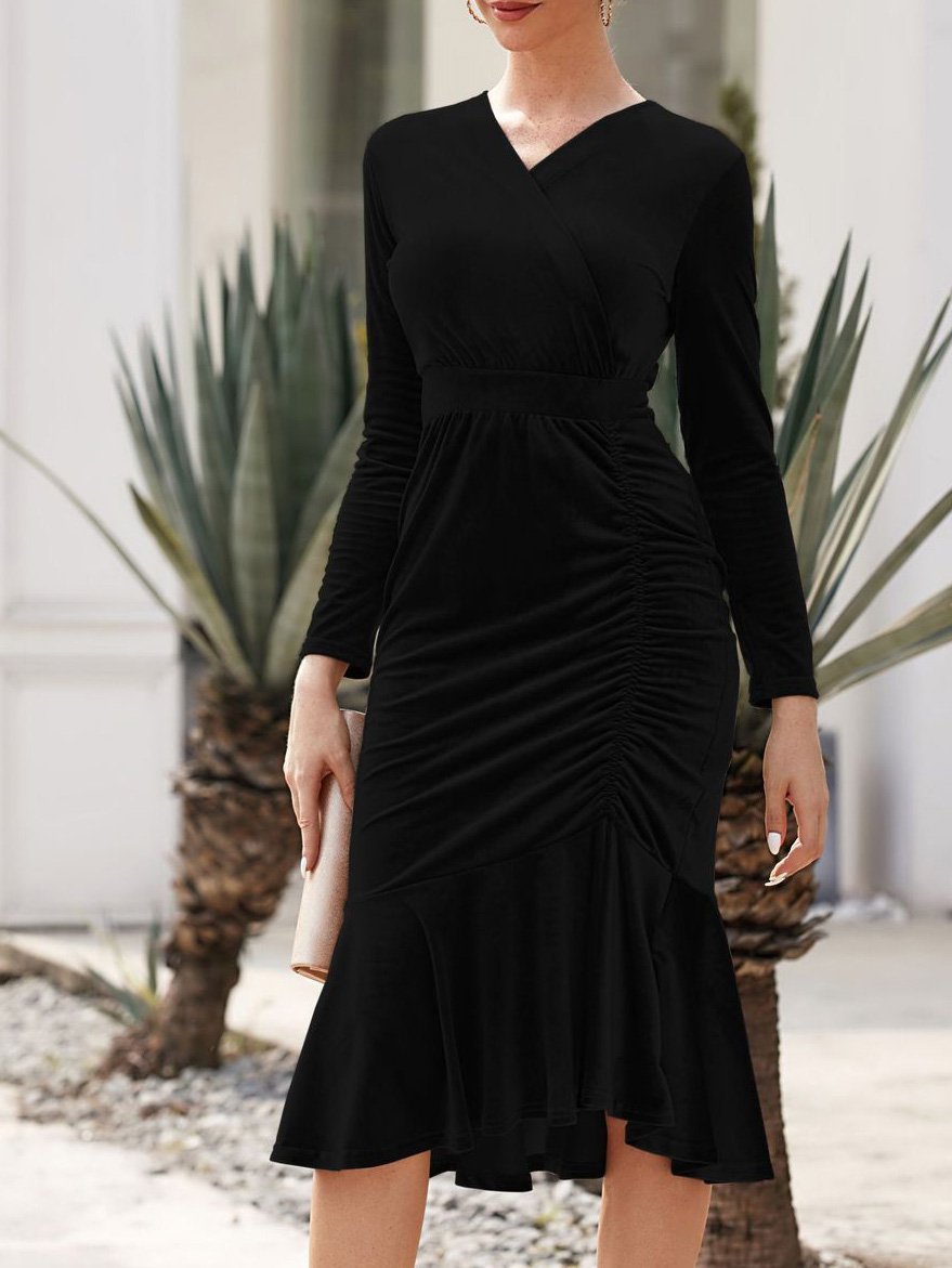 Women's Dresses V-Neck Gold Velvet Ruffled Long Sleeve Dress - Midi Dresses - Instastyled | Online Fashion Free Shipping Clothing, Dresses, Tops, Shoes - 10/12/2021 - 30-40 - color-black