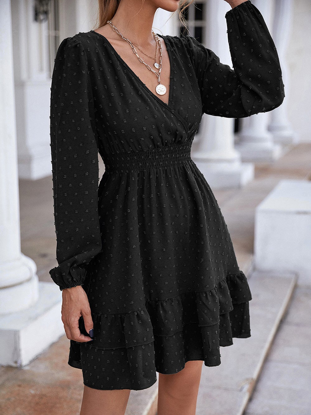 Women's Dresses V-Neck Jacquard Ruffled Long Sleeve Dress - Mini Dresses - Instastyled | Online Fashion Free Shipping Clothing, Dresses, Tops, Shoes - 20/01/2022 - 40-50 - color-black