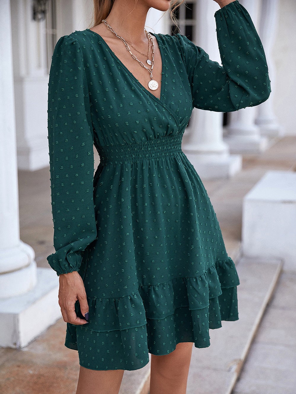 Women's Dresses V-Neck Jacquard Ruffled Long Sleeve Dress - Mini Dresses - Instastyled | Online Fashion Free Shipping Clothing, Dresses, Tops, Shoes - 20/01/2022 - 40-50 - color-black