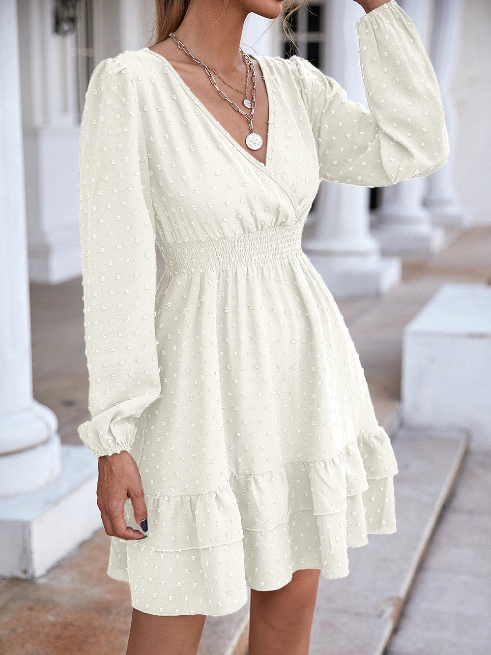 Women's Dresses V-Neck Jacquard Ruffled Long Sleeve Dress - Mini Dresses - Instastyled | Online Fashion Free Shipping Clothing, Dresses, Tops, Shoes - 20/01/2022 - 40-50 - color-black