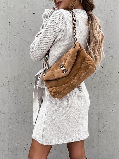 Women's Dresses V-Neck Knitted Slim Belt Long Sleeve Dress - Mini Dresses - INS | Online Fashion Free Shipping Clothing, Dresses, Tops, Shoes - 28/10/2021 - 30-40 - color-gray