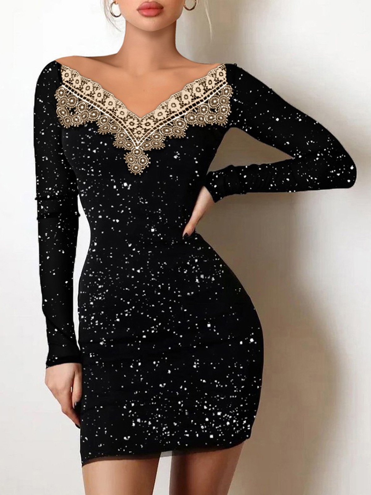 Women's Dresses V-Neck Lace Long Sleeve Bodycon Dresses - Mini Dresses - Instastyled | Online Fashion Free Shipping Clothing, Dresses, Tops, Shoes - 06/12/2021 - 20-30 - Bodycon Dresses