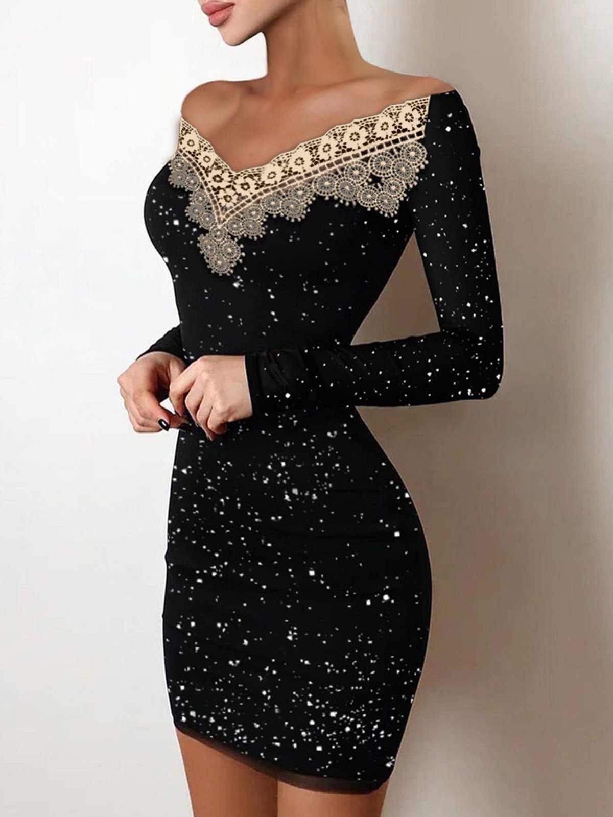 Women's Dresses V-Neck Lace Long Sleeve Bodycon Dresses - Mini Dresses - Instastyled | Online Fashion Free Shipping Clothing, Dresses, Tops, Shoes - 06/12/2021 - 20-30 - Bodycon Dresses