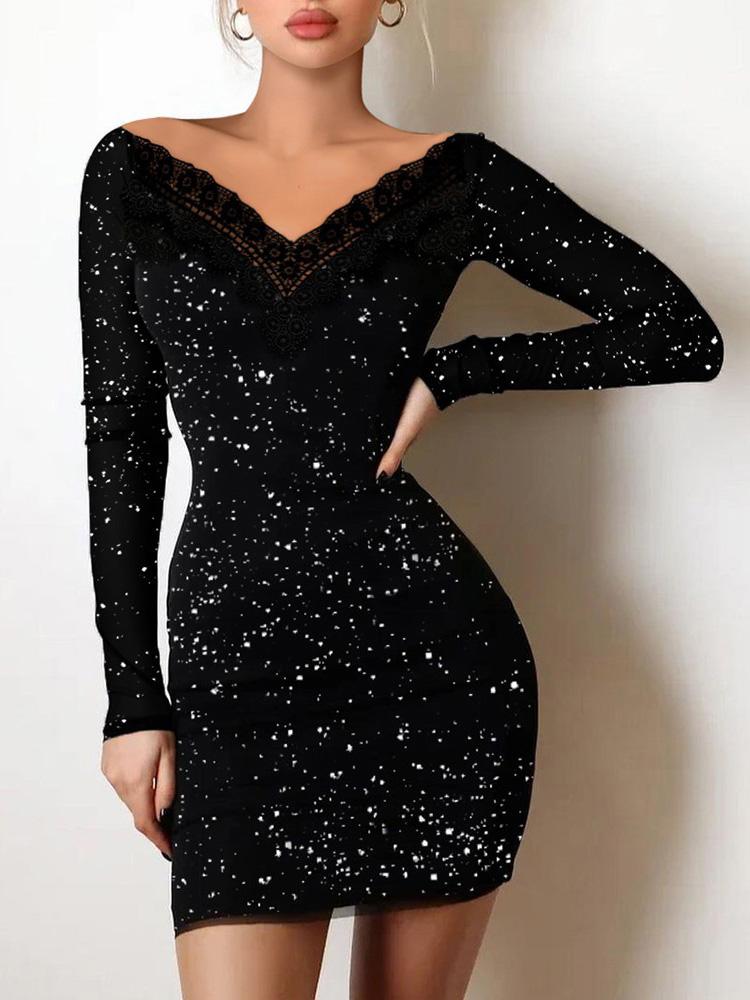 Women's Dresses V-Neck Lace Long Sleeve Bodycon Dresses - Mini Dresses - Instastyled | Online Fashion Free Shipping Clothing, Dresses, Tops, Shoes - 06/12/2021 - 20-30 - Bodycon Dresses