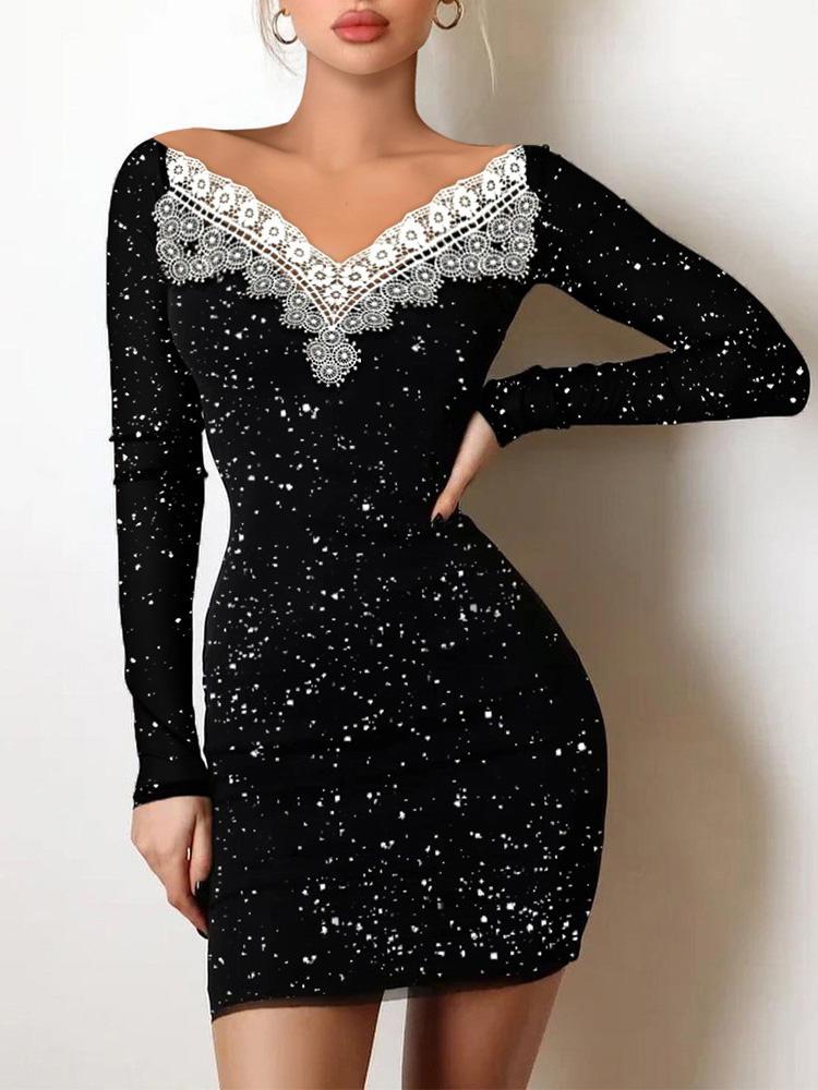 Women's Dresses V-Neck Lace Long Sleeve Bodycon Dresses - Mini Dresses - Instastyled | Online Fashion Free Shipping Clothing, Dresses, Tops, Shoes - 06/12/2021 - 20-30 - Bodycon Dresses