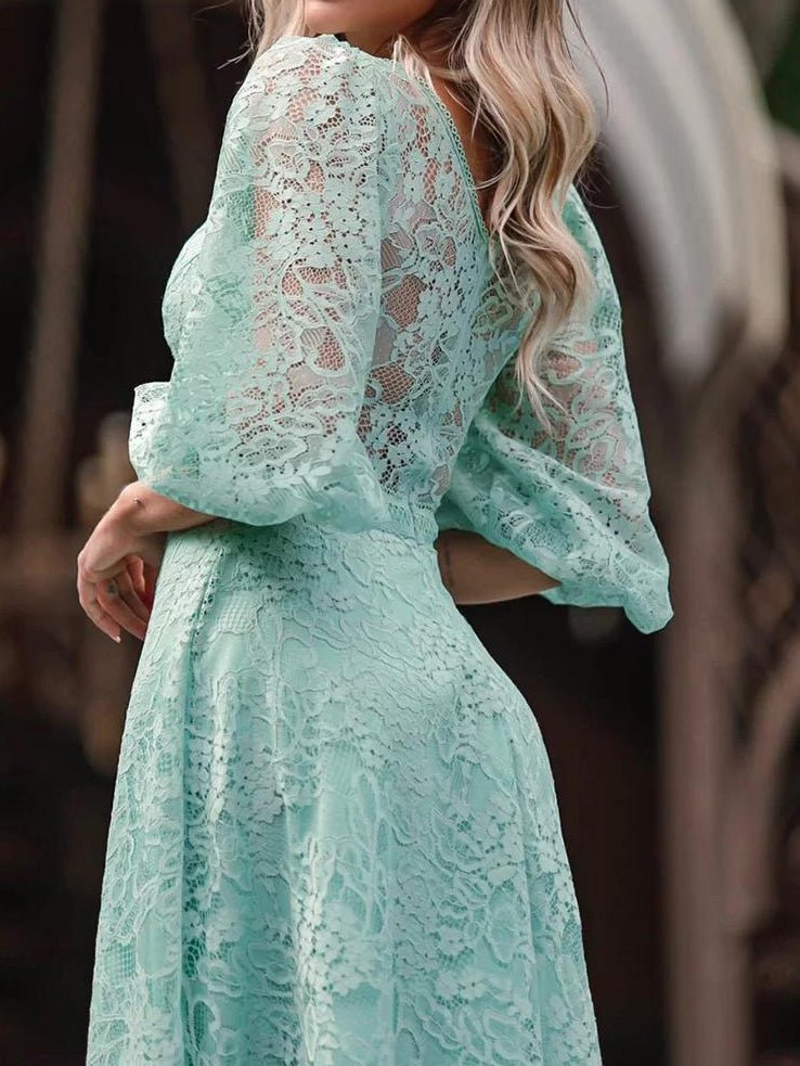 Women's Dresses V Neck Lace Mid Sleeve Dress - Maxi Dresses - Instastyled | Online Fashion Free Shipping Clothing, Dresses, Tops, Shoes - 28/02/2022 - color-blue - color-green