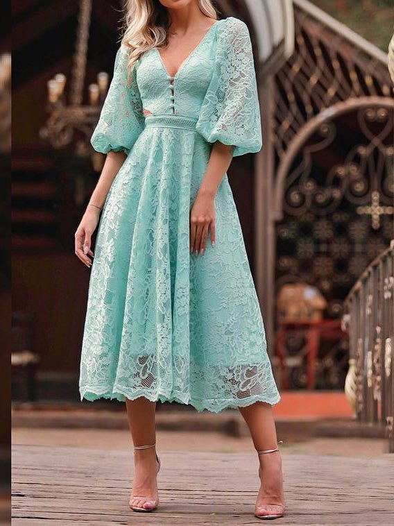 Women's Dresses V Neck Lace Mid Sleeve Dress - Maxi Dresses - Instastyled | Online Fashion Free Shipping Clothing, Dresses, Tops, Shoes - 28/02/2022 - color-blue - color-green
