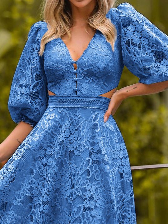 Women's Dresses V Neck Lace Mid Sleeve Dress - Maxi Dresses - Instastyled | Online Fashion Free Shipping Clothing, Dresses, Tops, Shoes - 28/02/2022 - color-blue - color-green