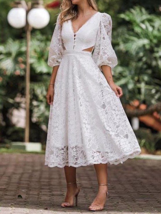 Women's Dresses V Neck Lace Mid Sleeve Dress - Maxi Dresses - Instastyled | Online Fashion Free Shipping Clothing, Dresses, Tops, Shoes - 28/02/2022 - color-blue - color-green