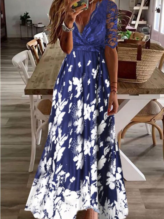 Women's Dresses V-Neck Lace Paneled Print Maxi Dress - Maxi Dresses - Instastyled | Online Fashion Free Shipping Clothing, Dresses, Tops, Shoes - 17/02/2022 - 20-30 - Casual Dresses