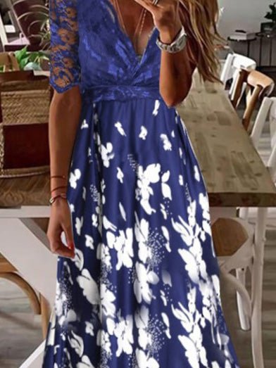 Women's Dresses V-Neck Lace Paneled Print Maxi Dress - Maxi Dresses - Instastyled | Online Fashion Free Shipping Clothing, Dresses, Tops, Shoes - 17/02/2022 - 20-30 - Casual Dresses
