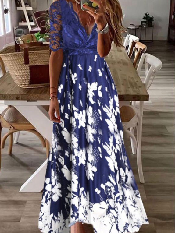 Women's Dresses V-Neck Lace Paneled Print Maxi Dress - Maxi Dresses - Instastyled | Online Fashion Free Shipping Clothing, Dresses, Tops, Shoes - 17/02/2022 - 20-30 - Casual Dresses