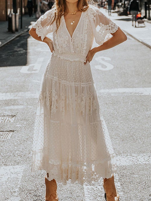 Women's Dresses V-Neck Lace Short Sleeve Dress - Maxi Dresses - Instastyled | Online Fashion Free Shipping Clothing, Dresses, Tops, Shoes - 19/01/2022 - color-white - Color_White