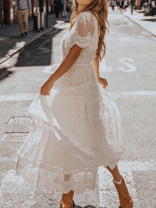 Women's Dresses V-Neck Lace Short Sleeve Dress - Maxi Dresses - Instastyled | Online Fashion Free Shipping Clothing, Dresses, Tops, Shoes - 19/01/2022 - color-white - Color_White