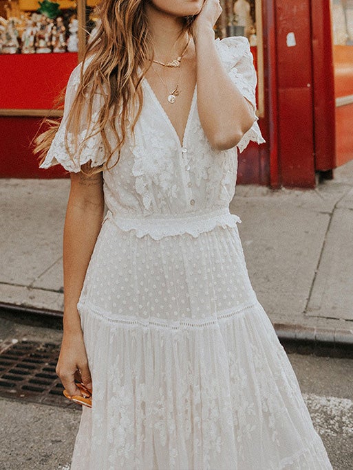 Women's Dresses V-Neck Lace Short Sleeve Dress - Maxi Dresses - Instastyled | Online Fashion Free Shipping Clothing, Dresses, Tops, Shoes - 19/01/2022 - color-white - Color_White