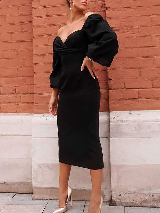Women's Dresses V-Neck Lantern Long Sleeve Midi Dress - Midi Dresses - INS | Online Fashion Free Shipping Clothing, Dresses, Tops, Shoes - 11/11/2021 - 20-30 - Bodycon Dresses