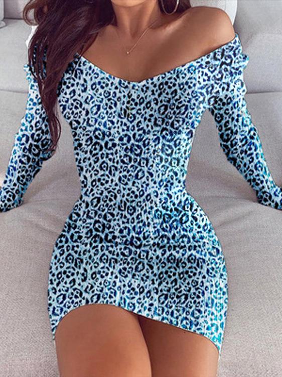Women's Dresses V-Neck Leopard Long Sleeve Bodycon Dresses - Mini Dresses - INS | Online Fashion Free Shipping Clothing, Dresses, Tops, Shoes - 15/11/2021 - Bodycon Dresses - Color_Black