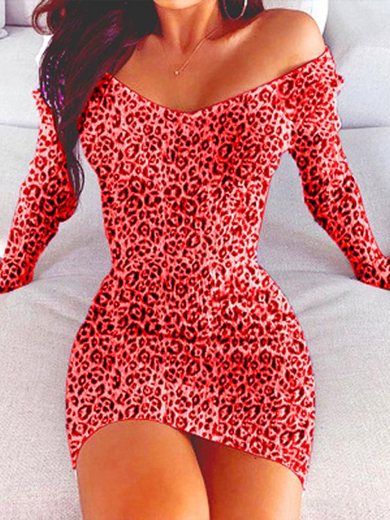 Women's Dresses V-Neck Leopard Long Sleeve Bodycon Dresses - Mini Dresses - INS | Online Fashion Free Shipping Clothing, Dresses, Tops, Shoes - 15/11/2021 - Bodycon Dresses - Color_Black