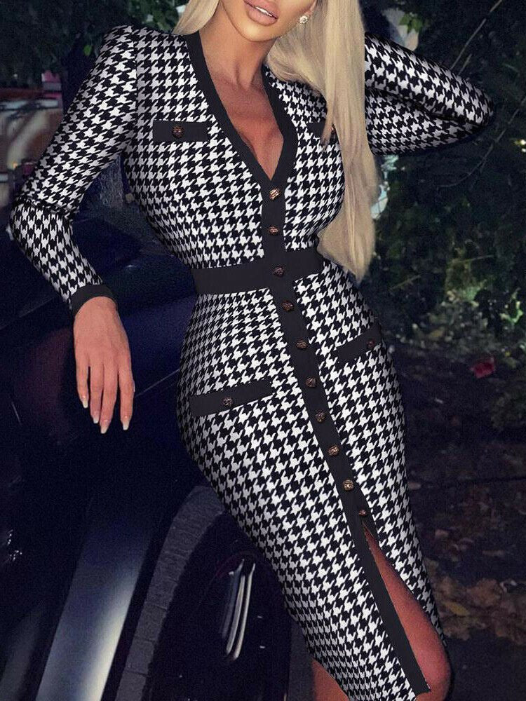 Women's Dresses V-Neck Long Sleeve Button Vintage Dress - Midi Dresses - Instastyled | Online Fashion Free Shipping Clothing, Dresses, Tops, Shoes - 11/02/2022 - 30-40 - color-black