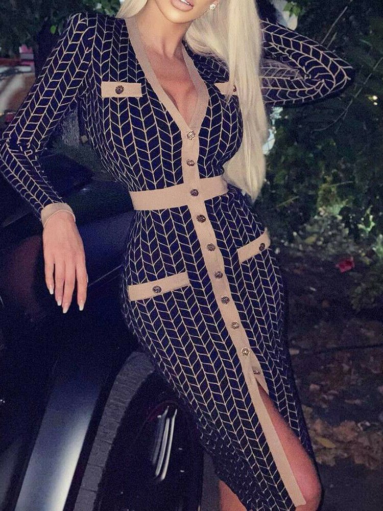 Women's Dresses V-Neck Long Sleeve Button Vintage Dress - Midi Dresses - Instastyled | Online Fashion Free Shipping Clothing, Dresses, Tops, Shoes - 11/02/2022 - 30-40 - color-black