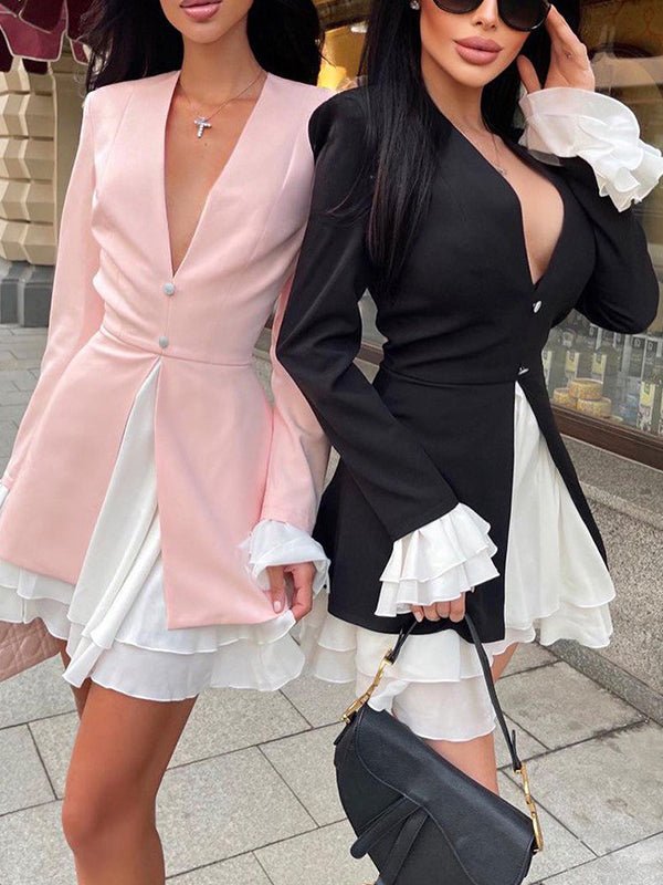 Women's Dresses V-Neck Long Sleeve Ruffle Panel Fake Two Piece Dress - Mini Dresses - Instastyled | Online Fashion Free Shipping Clothing, Dresses, Tops, Shoes - 07/02/2022 - 40-50 - color-black