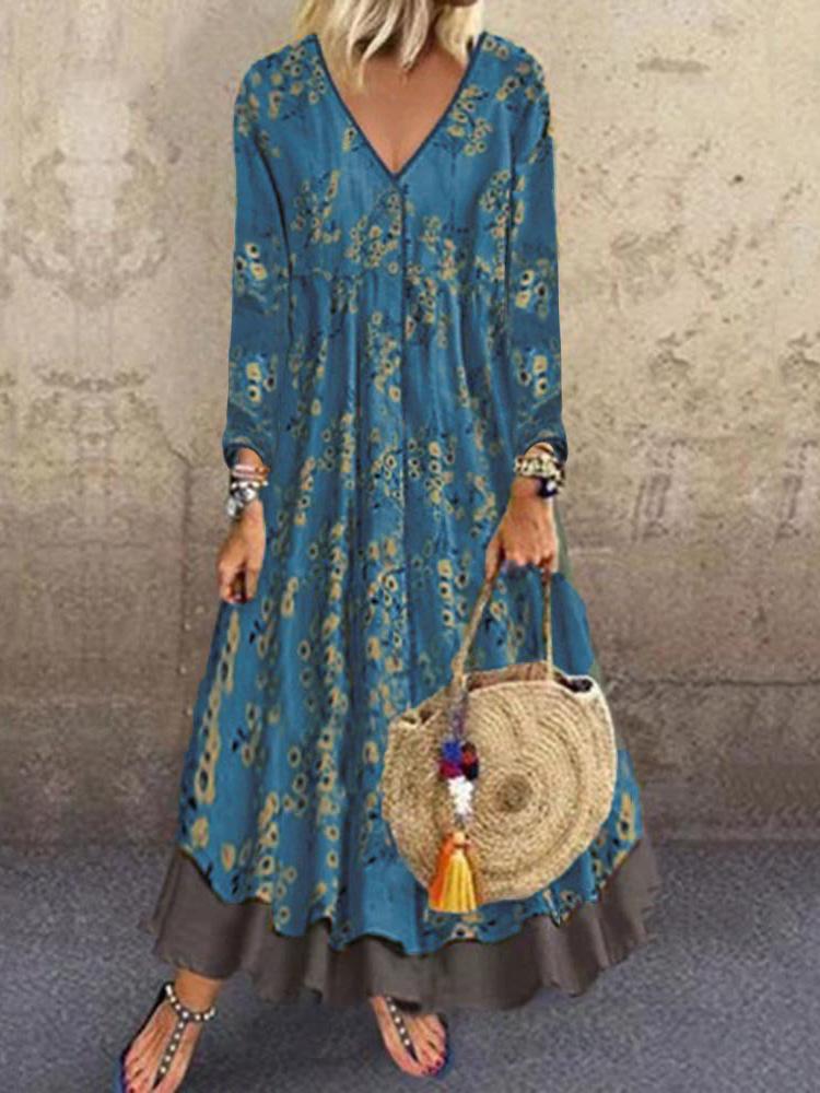 Women's Dresses V-Neck Long Sleeve Vintage Print Fake Two-Piece Dress - Maxi Dresses - INS | Online Fashion Free Shipping Clothing, Dresses, Tops, Shoes - 10/09/2021 - 20-30 - Category_Maxi Dresses