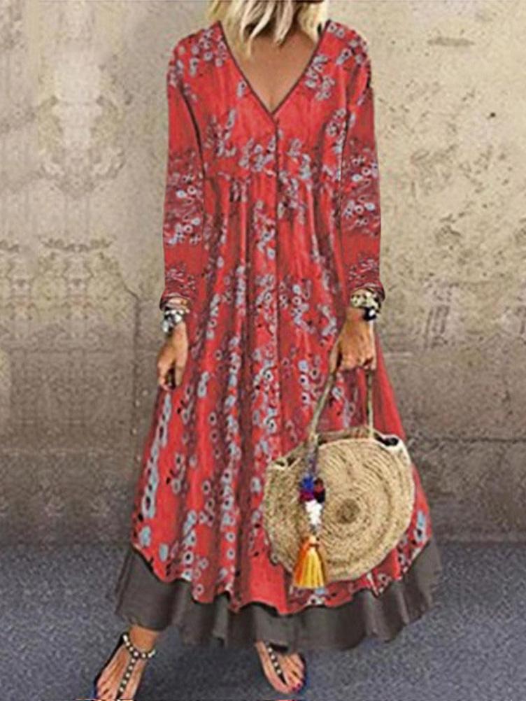 Women's Dresses V-Neck Long Sleeve Vintage Print Fake Two-Piece Dress - Maxi Dresses - INS | Online Fashion Free Shipping Clothing, Dresses, Tops, Shoes - 10/09/2021 - 20-30 - Category_Maxi Dresses