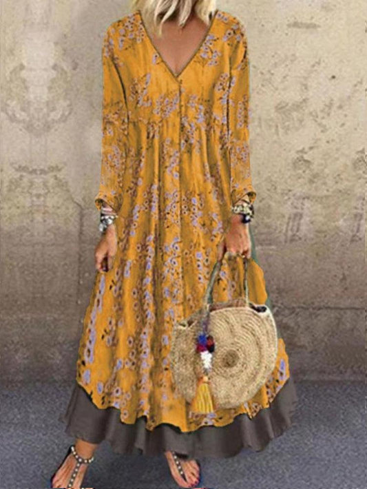 Women's Dresses V-Neck Long Sleeve Vintage Print Fake Two-Piece Dress - Maxi Dresses - INS | Online Fashion Free Shipping Clothing, Dresses, Tops, Shoes - 10/09/2021 - 20-30 - Category_Maxi Dresses