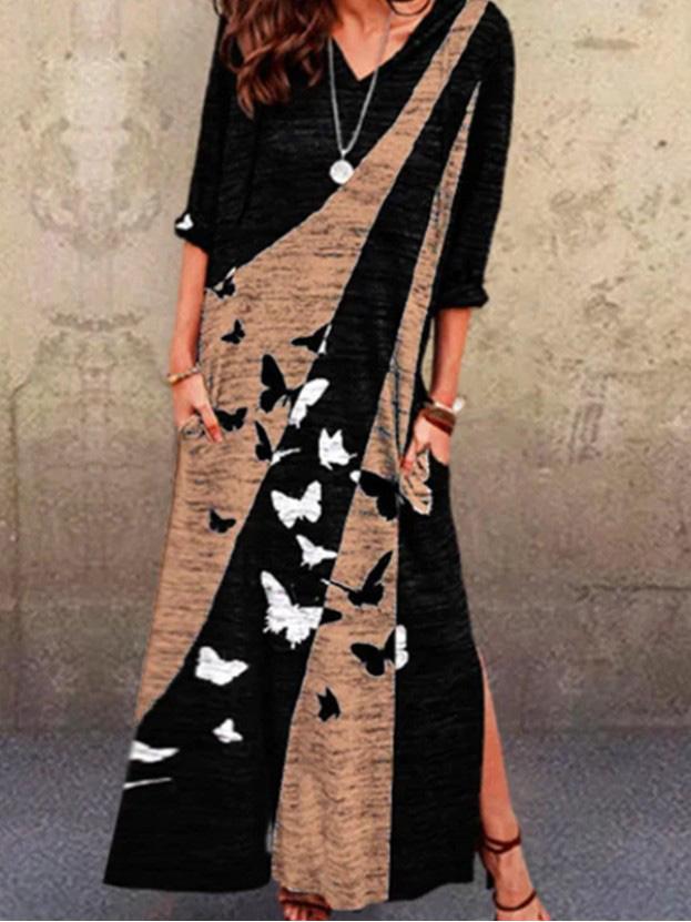 Women's Dresses V-Neck Multicolor Butterfly Print Mid-Sleeve Dress - Maxi Dresses - INS | Online Fashion Free Shipping Clothing, Dresses, Tops, Shoes - 20-30 - Category_Maxi Dresses - color-blue