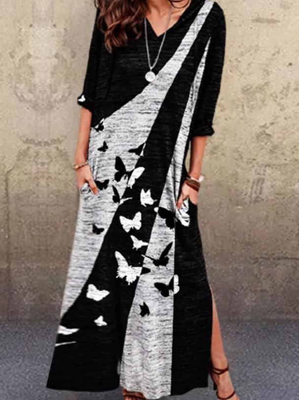 Women's Dresses V-Neck Multicolor Butterfly Print Mid-Sleeve Dress - Maxi Dresses - INS | Online Fashion Free Shipping Clothing, Dresses, Tops, Shoes - 20-30 - Category_Maxi Dresses - color-blue