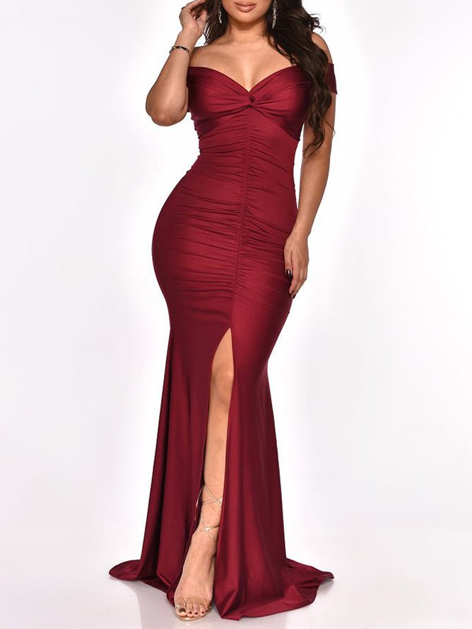 Women's Dresses V-Neck One-Shoulder Bag Hip Pleated Slit Dress - Maxi Dresses - Instastyled | Online Fashion Free Shipping Clothing, Dresses, Tops, Shoes - 08/02/2022 - color-black - color-color_blue