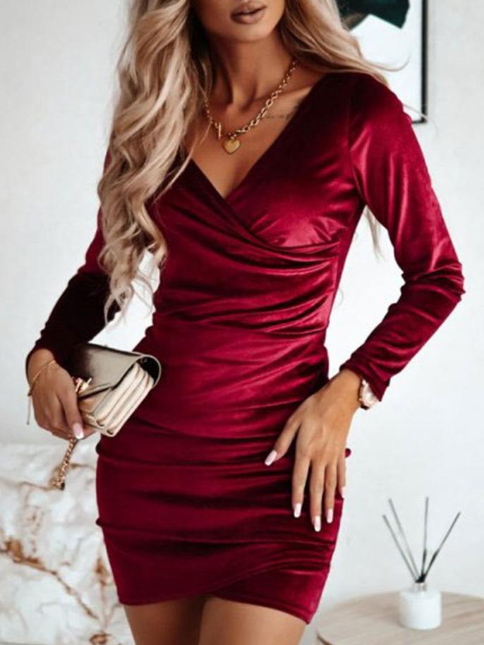 Women's Dresses V-Neck Pleated Long Sleeve Skinny Dress - Mini Dresses - Instastyled | Online Fashion Free Shipping Clothing, Dresses, Tops, Shoes - 13/12/2021 - 20-30 - Bodycon Dresses