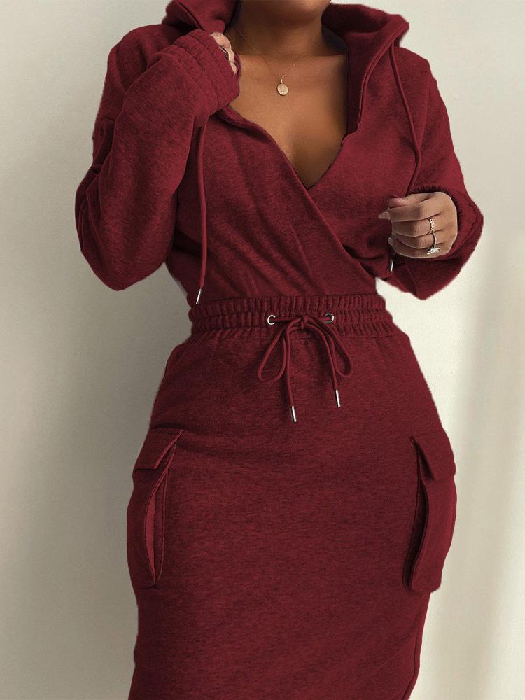 Women's Dresses V-Neck Pocket Elastic Belted Long Sleeve Hooded Dress - Midi Dresses - Instastyled | Online Fashion Free Shipping Clothing, Dresses, Tops, Shoes - 14/12/2021 - 40-50 - Casual Dresses