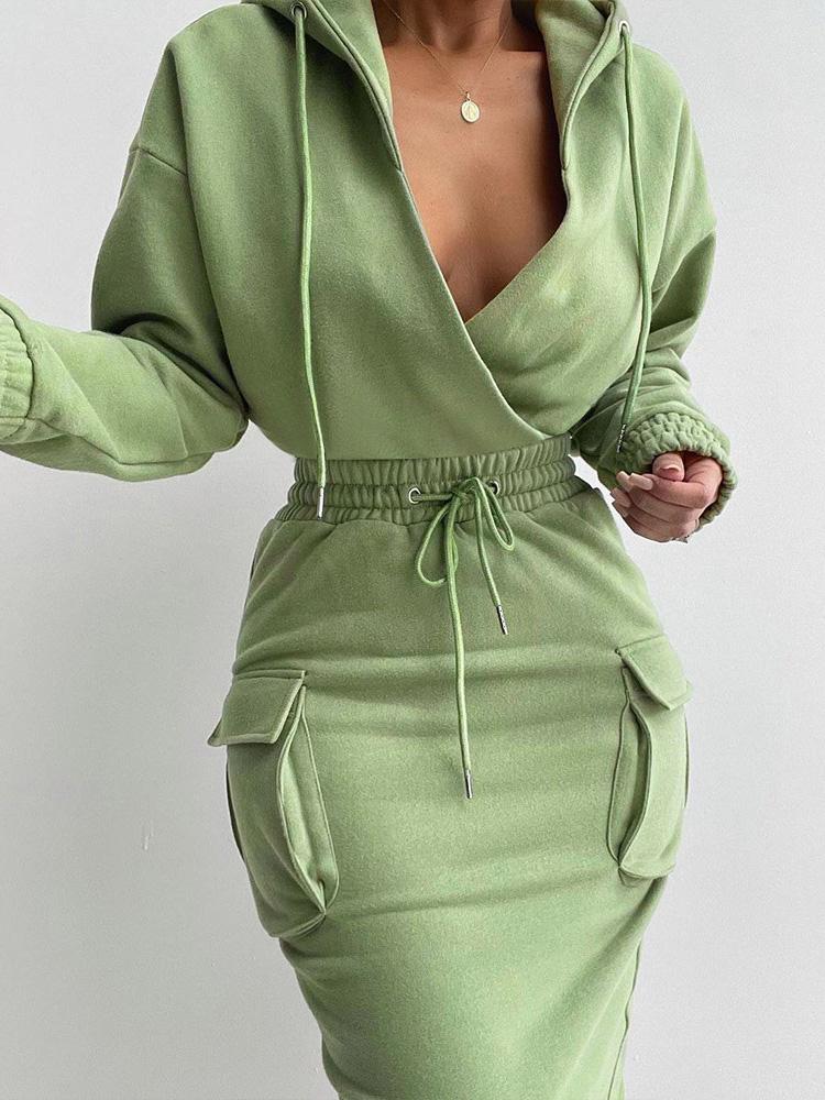 Women's Dresses V-Neck Pocket Elastic Belted Long Sleeve Hooded Dress - Midi Dresses - Instastyled | Online Fashion Free Shipping Clothing, Dresses, Tops, Shoes - 14/12/2021 - 40-50 - Casual Dresses