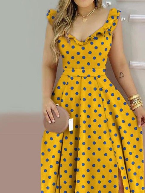 Women's Dresses V-Neck Polka Dot Bare Back Slit Dress - Maxi Dresses - Instastyled | Online Fashion Free Shipping Clothing, Dresses, Tops, Shoes - 22/01/2022 - color-yellow - Color_Yellow