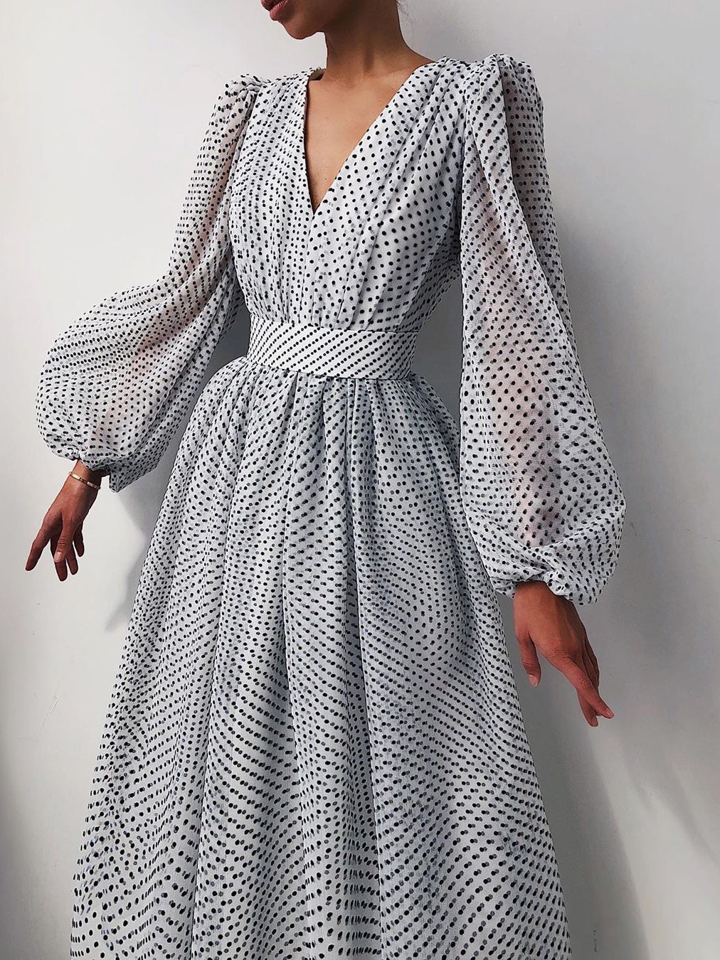 Women's Dresses V Neck Polka Dot Puff Long Sleeve Dress - Maxi Dresses - Instastyled | Online Fashion Free Shipping Clothing, Dresses, Tops, Shoes - 19/01/2022 - color-khaki - color-white