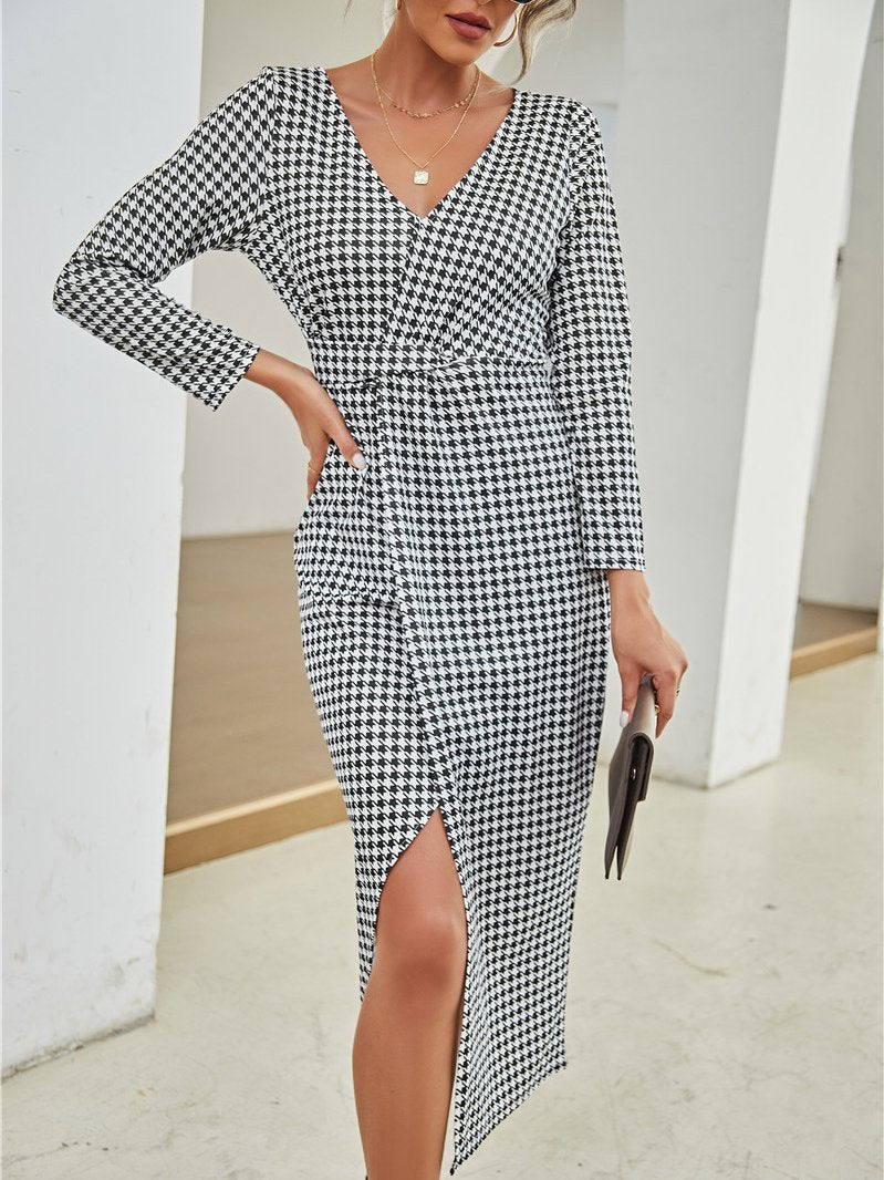 Women's Dresses V-Neck Print Long Sleeve Split Dress - Midi Dresses - INS | Online Fashion Free Shipping Clothing, Dresses, Tops, Shoes - 20/10/2021 - 30-40 - color-black