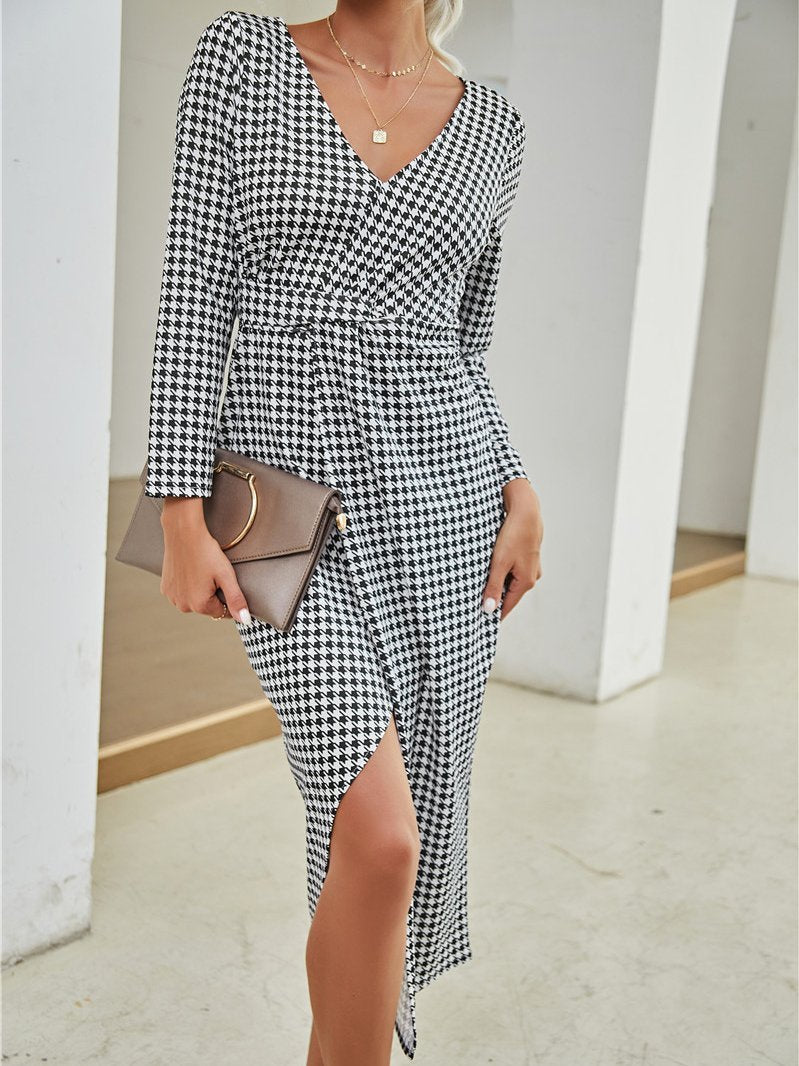 Women's Dresses V-Neck Print Long Sleeve Split Dress - Midi Dresses - INS | Online Fashion Free Shipping Clothing, Dresses, Tops, Shoes - 20/10/2021 - 30-40 - color-black