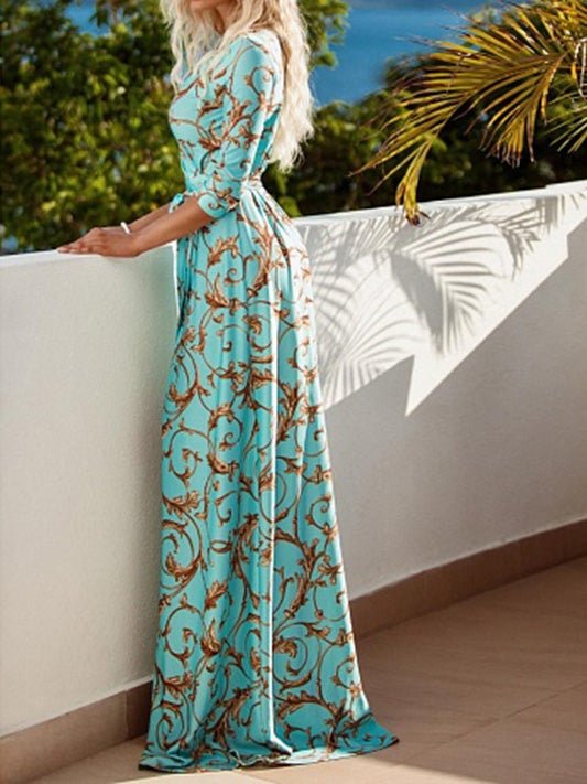 Women's Dresses V-Neck Printed Belted Five-Point Sleeve Dress - Maxi Dresses - Instastyled | Online Fashion Free Shipping Clothing, Dresses, Tops, Shoes - 28/12/2021 - 40-50 - color-multi