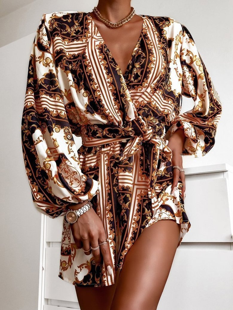 Women's Dresses V-Neck Printed Lantern Sleeve Long Sleeve Dress - Mini Dresses - INS | Online Fashion Free Shipping Clothing, Dresses, Tops, Shoes - 12/08/2021 - 20-30 - Category_Mini Dresses