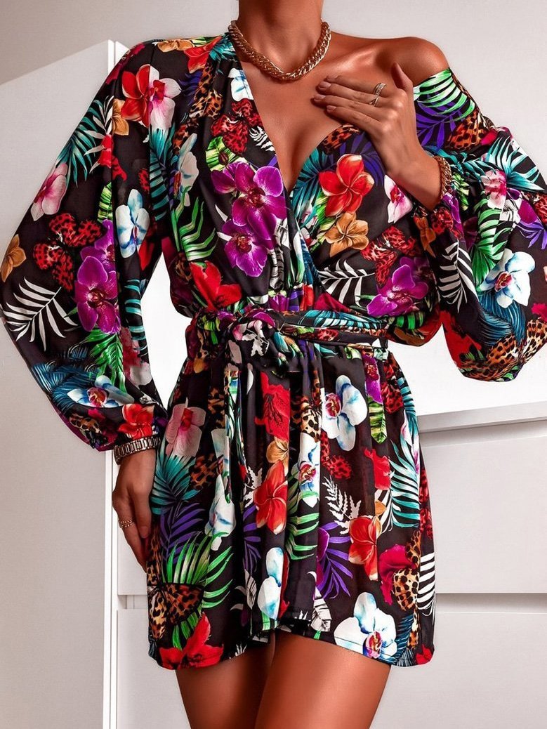 Women's Dresses V-Neck Printed Lantern Sleeve Long Sleeve Dress - Mini Dresses - INS | Online Fashion Free Shipping Clothing, Dresses, Tops, Shoes - 12/08/2021 - 20-30 - Category_Mini Dresses