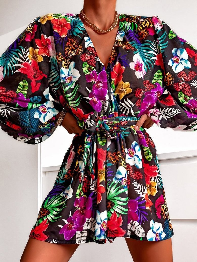 Women's Dresses V-Neck Printed Lantern Sleeve Long Sleeve Dress - Mini Dresses - INS | Online Fashion Free Shipping Clothing, Dresses, Tops, Shoes - 12/08/2021 - 20-30 - Category_Mini Dresses