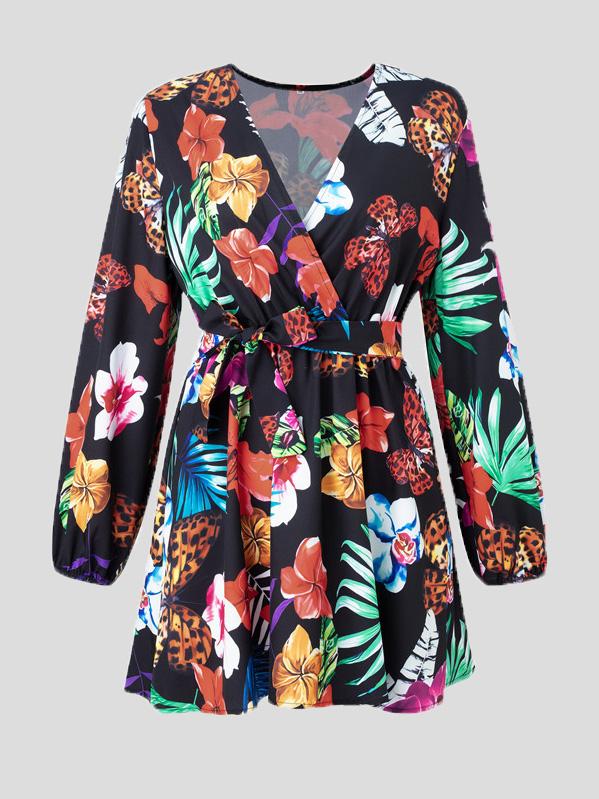 Women's Dresses V-Neck Printed Lantern Sleeve Long Sleeve Dress - Mini Dresses - INS | Online Fashion Free Shipping Clothing, Dresses, Tops, Shoes - 12/08/2021 - 20-30 - Category_Mini Dresses