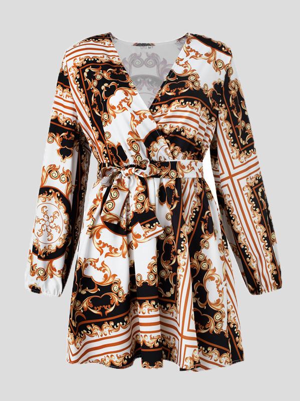 Women's Dresses V-Neck Printed Lantern Sleeve Long Sleeve Dress - Mini Dresses - INS | Online Fashion Free Shipping Clothing, Dresses, Tops, Shoes - 12/08/2021 - 20-30 - Category_Mini Dresses